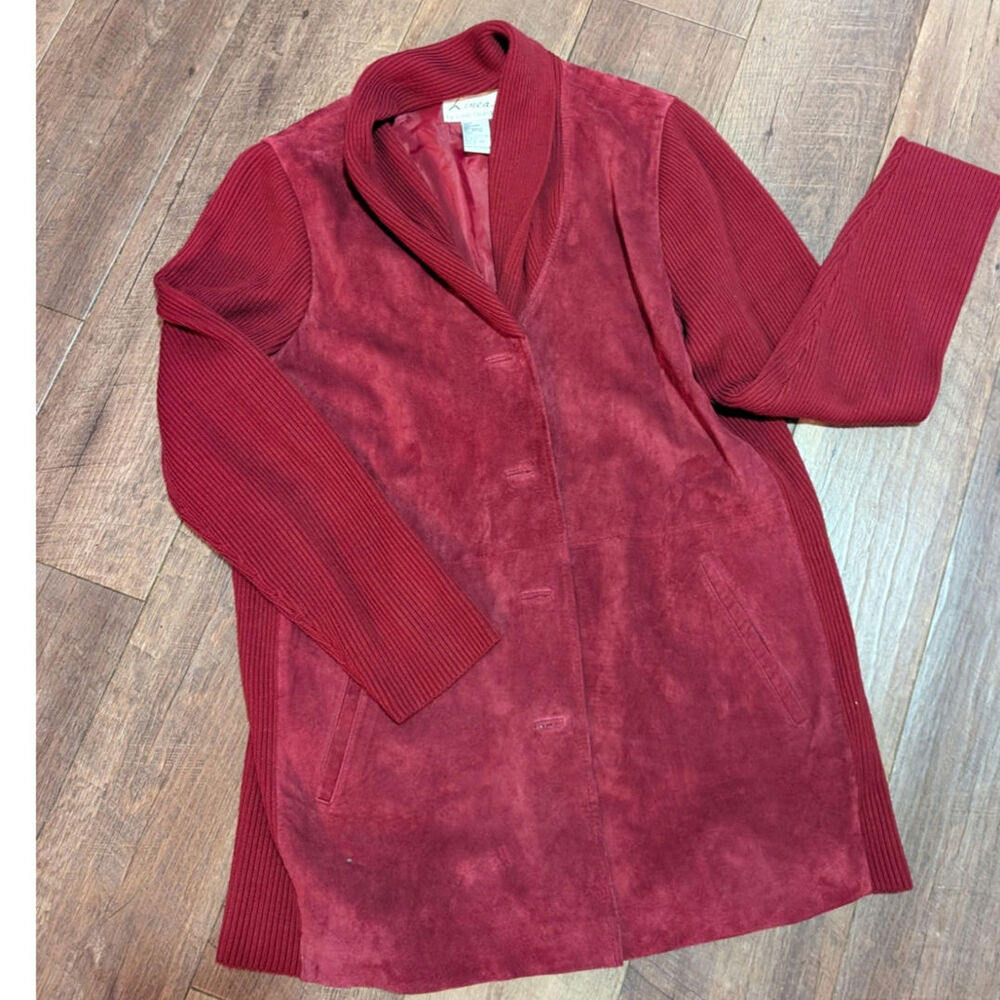 VTG Linea Womens Leather Jacket Red Suede Knit Shawl Neck Boho Chic Small